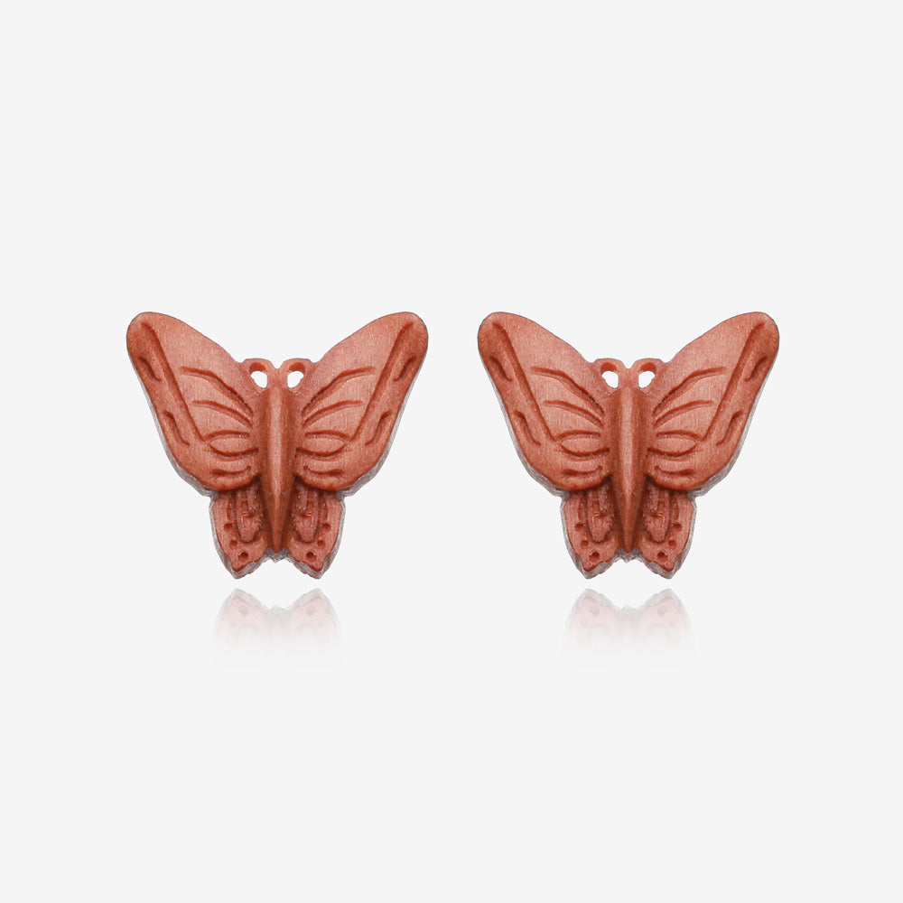 A Pair of Autumn Butterfly Handcarved Wood Earring Stud-Orange/Brown
