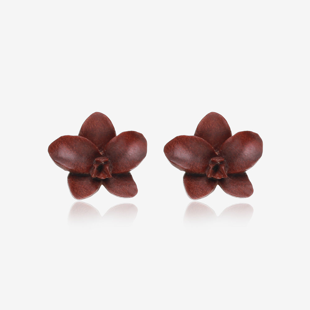 A Pair of Divine Brown Orchid Handcarved Wood Earring Stud-Orange/Brown