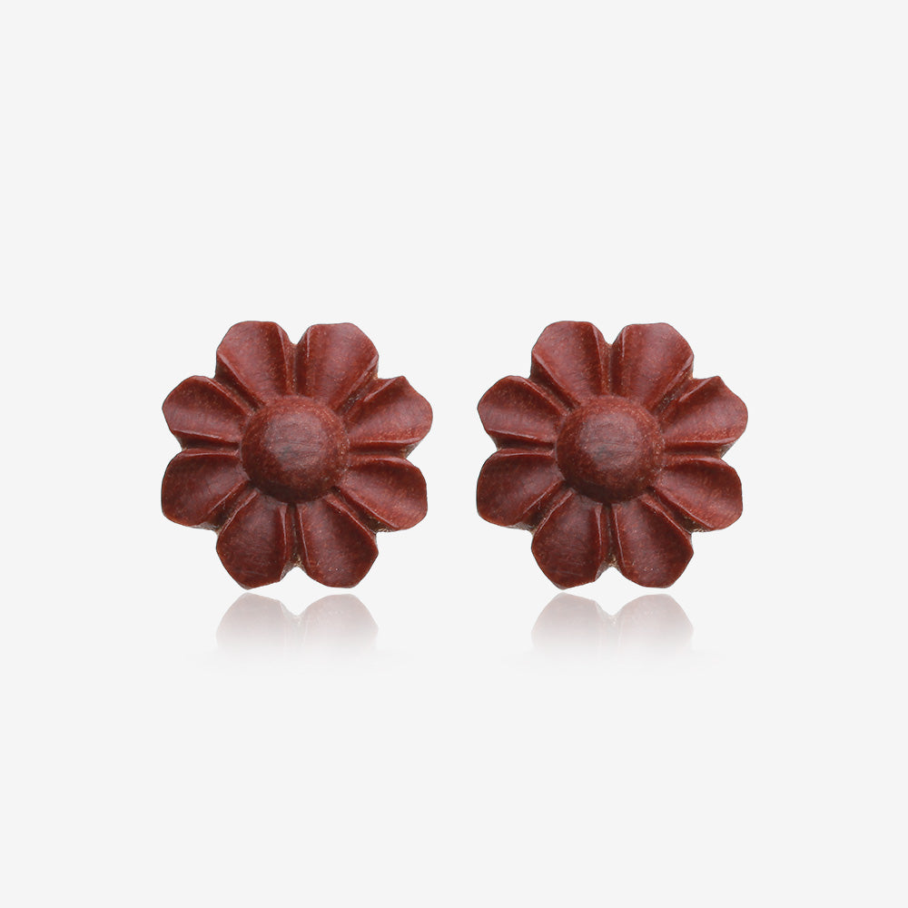 A Pair of Brown Wild Flower Handcarved Wood Earring Stud-Orange/Brown