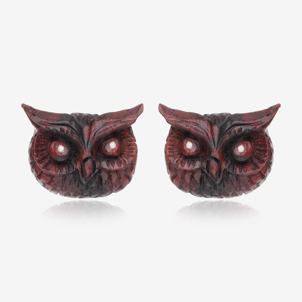 A Pair of Eagle Owl Handcarved Earring Stud-Orange/Brown
