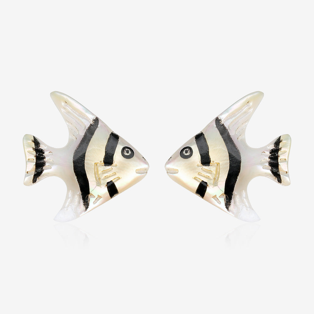 A Pair of Silver Angelfish Handcarved Earring Stud-Clear Gem/White