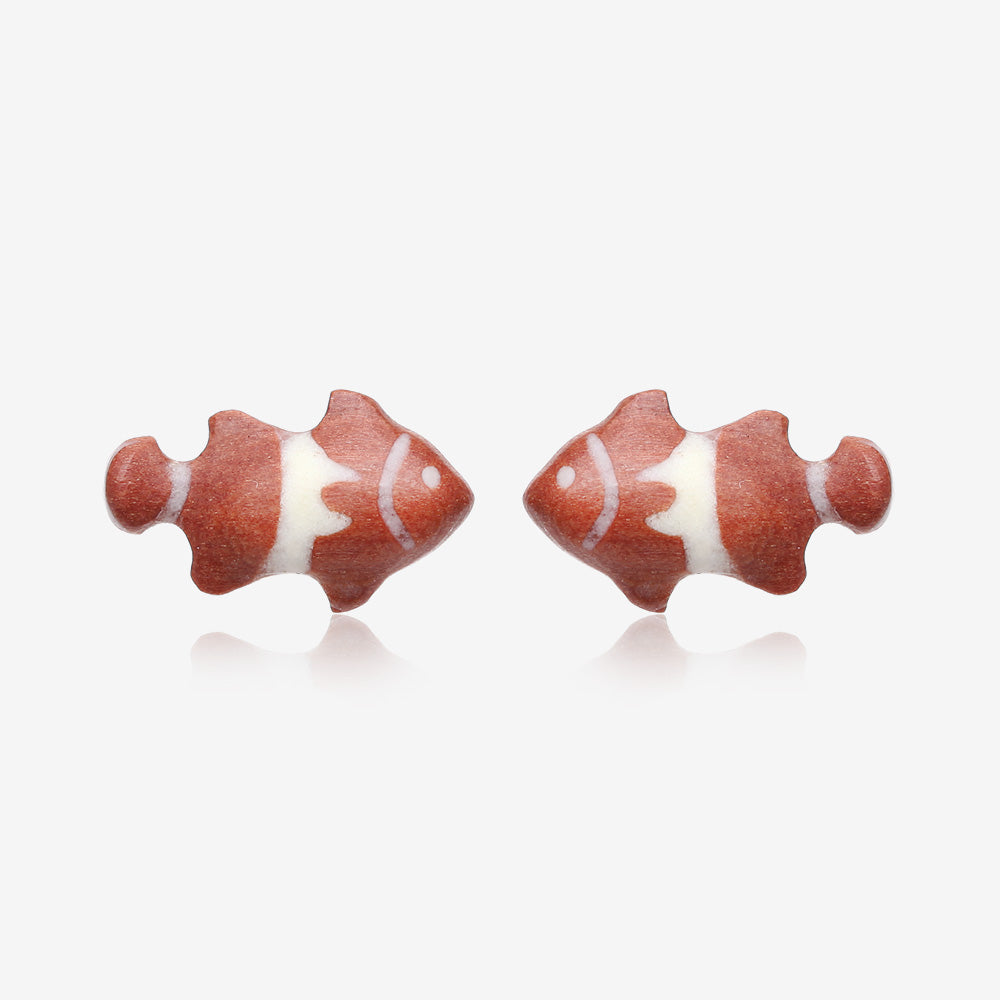 A Pair of Adorable Clownfish Handcarved Earring Stud-Orange/Brown