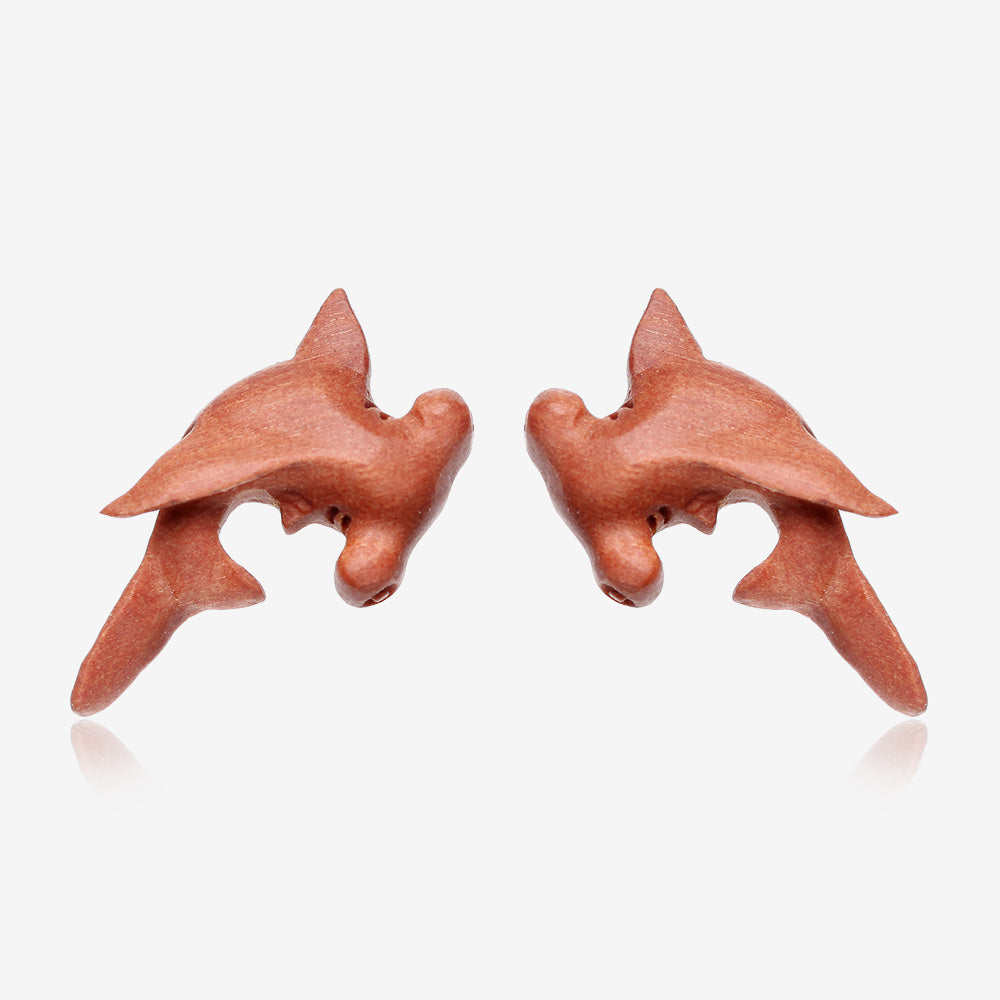 A Pair of Hammerhead Shark Handcarved Earring Stud-Orange/Brown