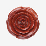 Detail View 2 of A Pair of Smooth End Rosebud Full Bloom Sabo Wood Double Flared Plug-Orange/Brown
