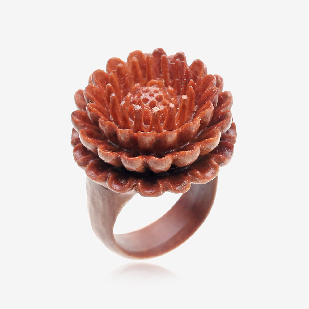 Chrysanthemum Sabo Wood Fashion Ring-Orange/Brown