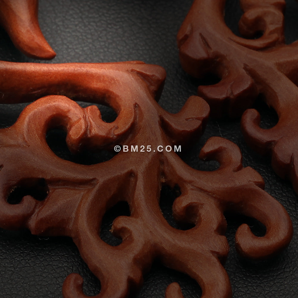 Detail View 2 of A Pair of Exotic Bali Vine Sabo Wood Hanging Ear Gauge Taper-Orange/Brown