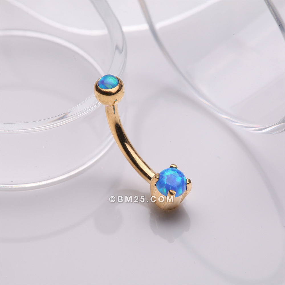Detail View 1 of Golden Pristine Fire Opal Sparkles Internally Threaded Curved Barbell-Blue Opal