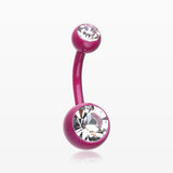 Pastel Ceramic Coated Gem Ball Steel Belly Button Ring-Purple/Clear