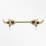 A Pair of Golden Majestic Floral Ornate Sparkle Nipple Barbell-Purple