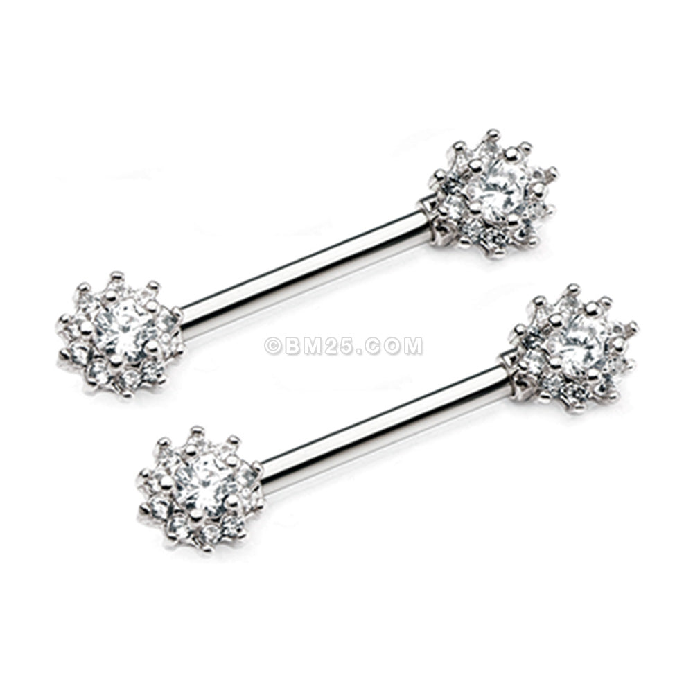 Detail View 1 of A Pair of Glistening Flower Sparkle Nipple Barbell-Clear Gem
