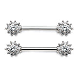 A Pair of Glistening Flower Sparkle Nipple Barbell-Clear Gem