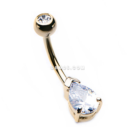 Golden Classic Teardrop Sparkle Gem Belly Button Ring-Clear