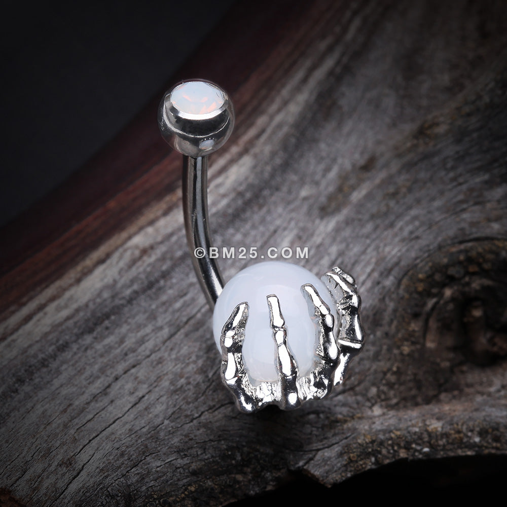 Detail View 2 of Moonstone Orb Shine Skeleton Hand Belly Button Ring