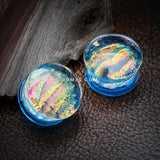 Detail View 1 of A Pair of Dichroic Glass Iridescent Double Flared Plug-Aqua