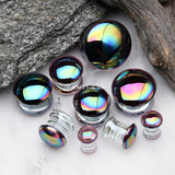 Detail View 3 of A Pair of Rainbow Slick Iridescent Convex Glass Double Flared Plug