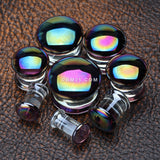 Detail View 2 of A Pair of Rainbow Slick Iridescent Convex Glass Double Flared Plug