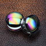 Detail View 1 of A Pair of Rainbow Slick Iridescent Convex Glass Double Flared Plug