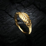 Detail View 1 of Golden Vintage Feather Leaflet Seamless Clicker Hoop Ring