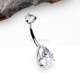 Detail View 2 of Implant Grade Titanium Internally Threaded Teardrop Prong Set Belly Button Ring-Clear Gem